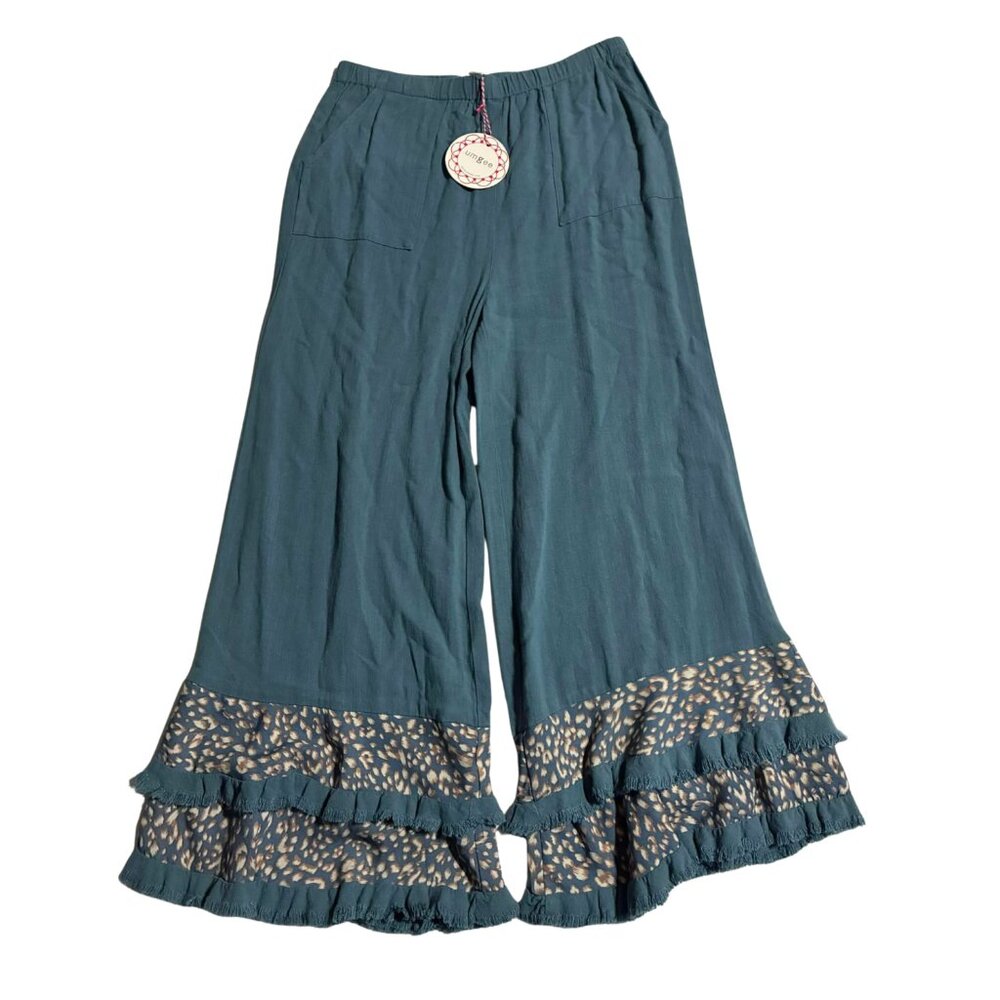 NWT Women's Umgee Linen/Cotton pants SMALL Wide leg ruffled bottoms TEAL?